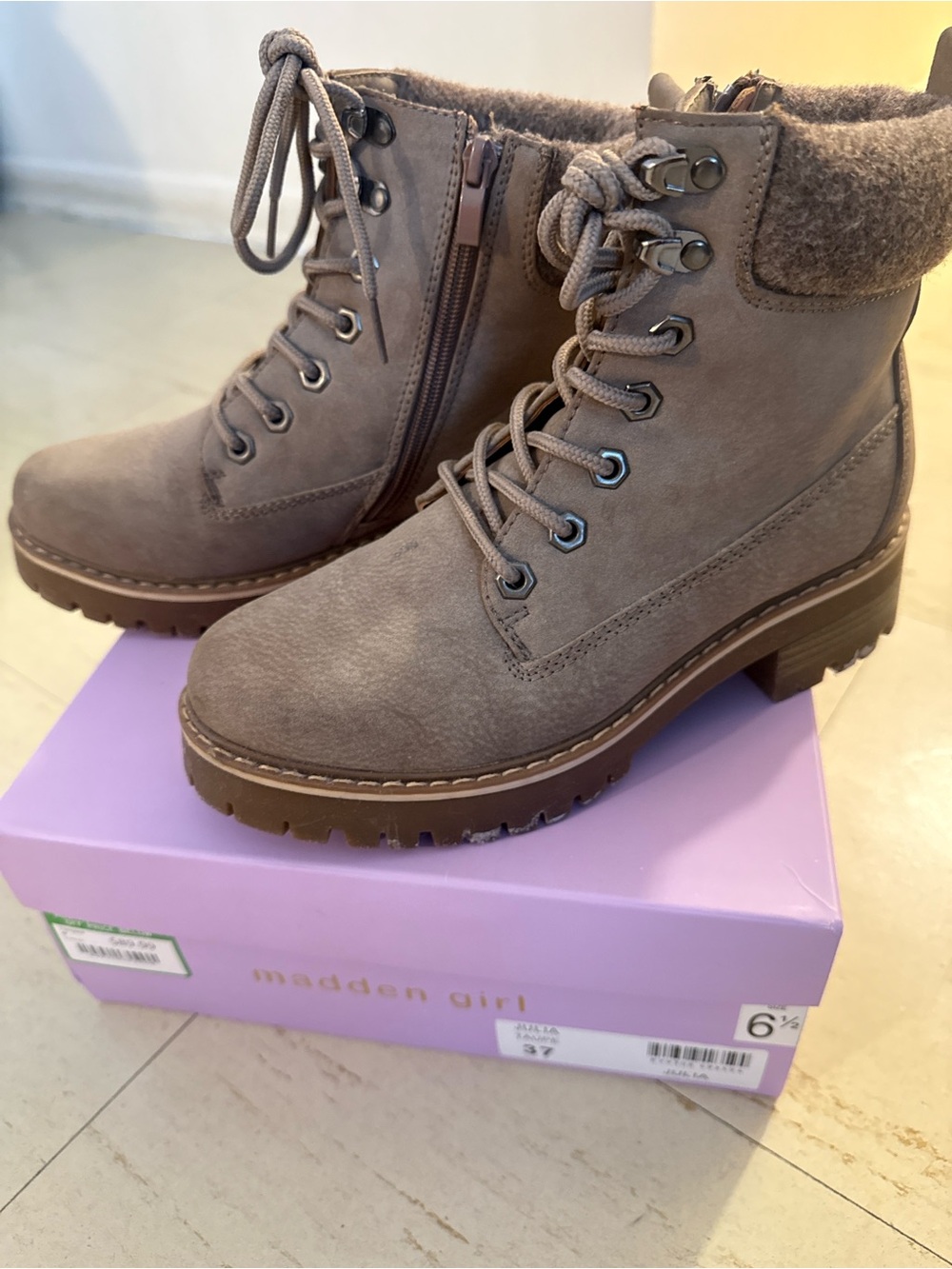 Madden Girl Taupe Lace-Up Fleece Ankle Boots